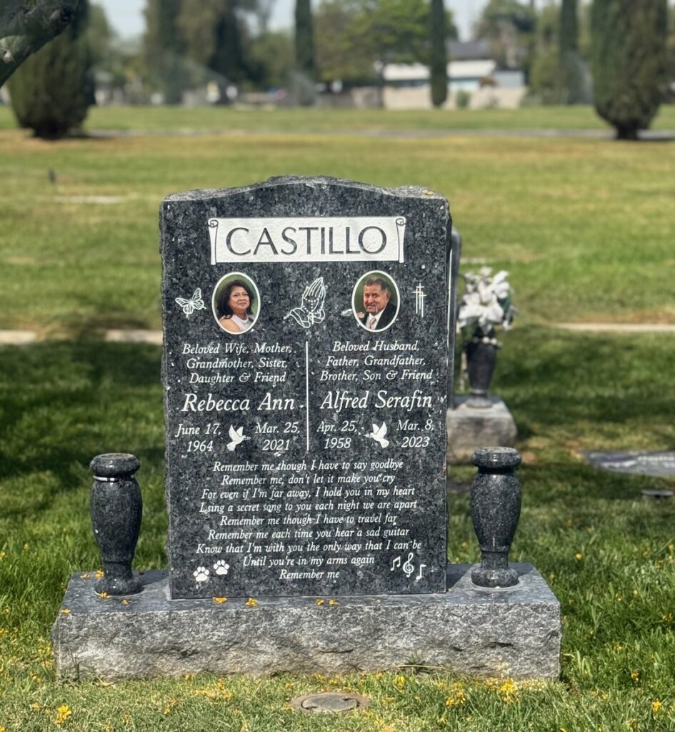 Blue Pearl granite companion upright monument with praying hands name banner, Castillo family