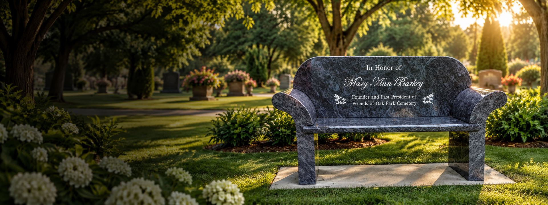 Blue granite memorial bench with an engraved dedication and floral carvings, set on a lawn in a cemetery garden
