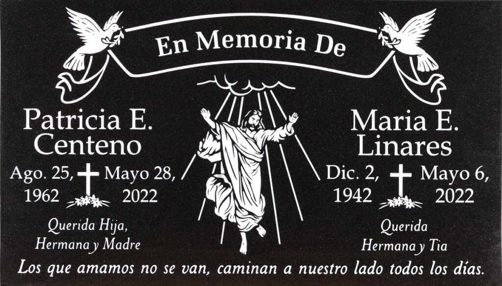 Black granite companion gravestone with ascension with doves, Centeno family, Evergreen Memorial Park