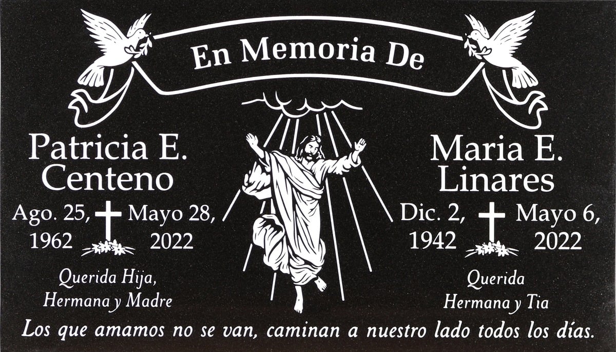 Black granite companion gravestone with ascension with doves, Centeno family, Evergreen Memorial Park