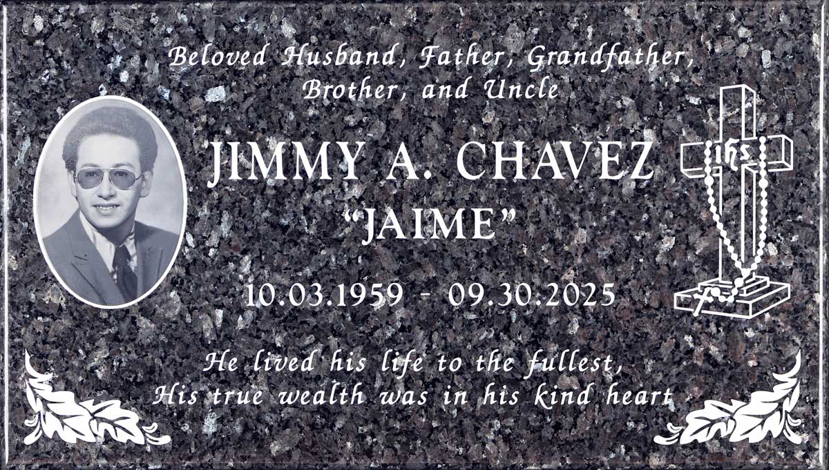 Blue Pearl granite memorial stone with rosary cross and portrait, Chavez family, Holy Cross Cemetery
