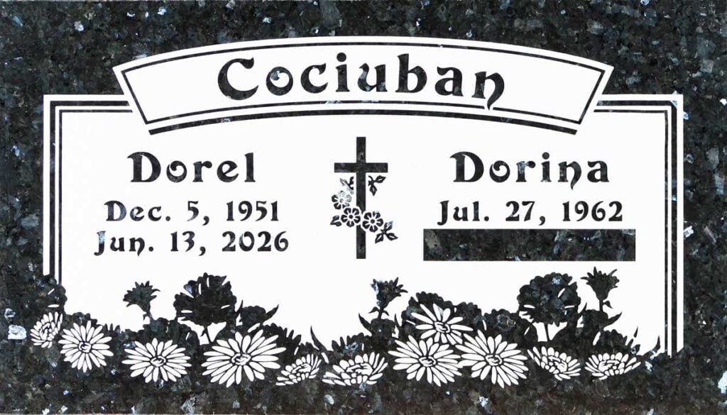 Emerald Pearl granite companion headstone with cross and daisies, Cociuban family, Loma Vista Memorial Park