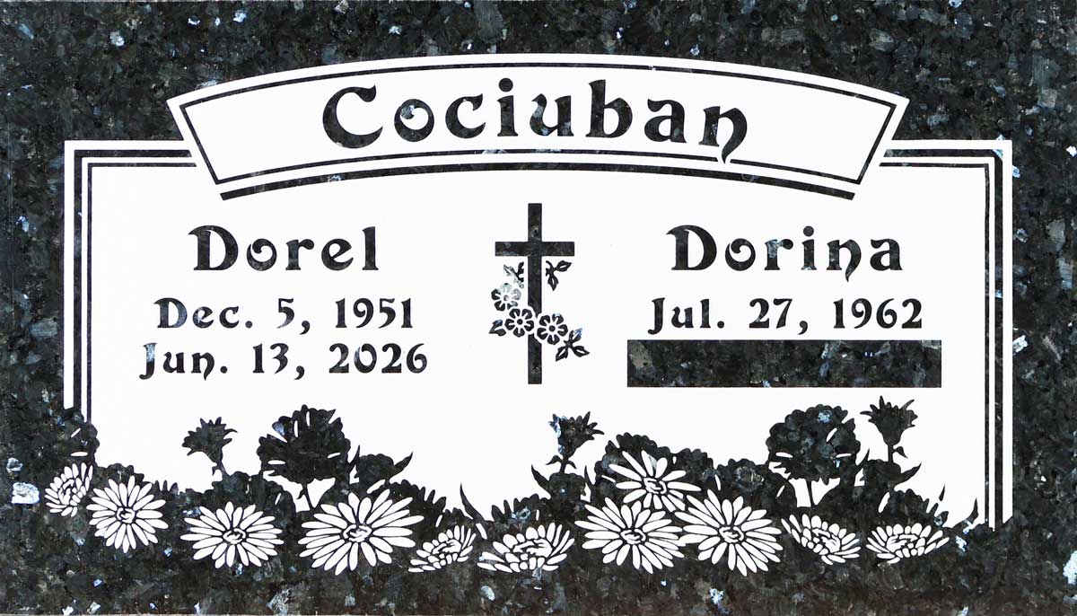 Emerald Pearl granite companion headstone with cross and daisies, Cociuban family, Loma Vista Memorial Park