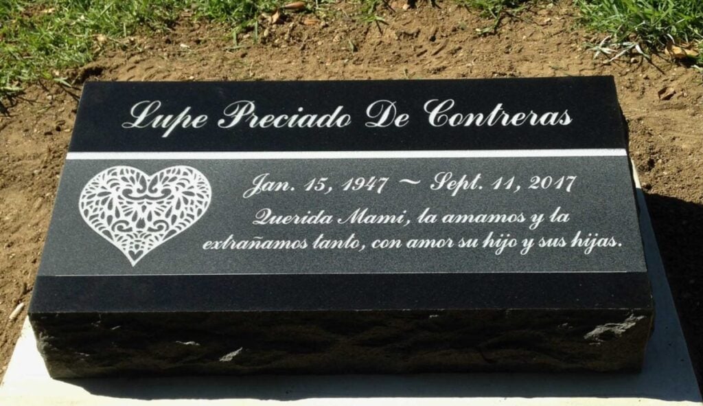 Black granite memorial with lace heart, Contreras family, Oak Park Cemetery