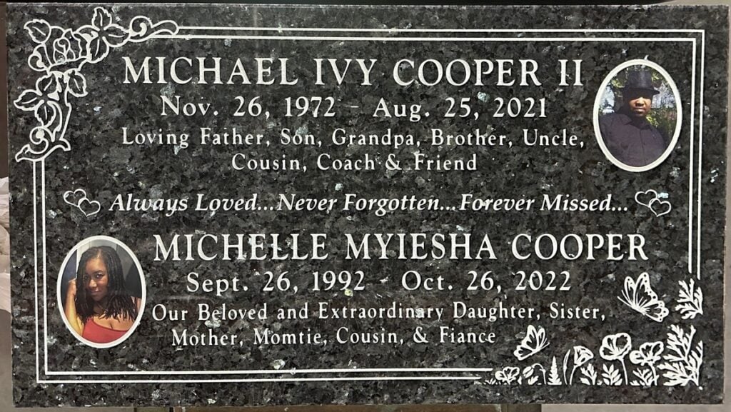 Blue Pearl granite companion headstone with portraits and butterflies, Cooper family, Rose Hills Memorial Park