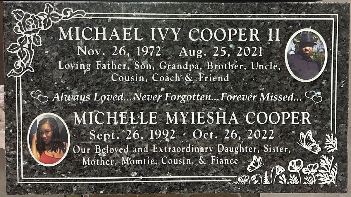 Blue Pearl granite companion headstone with portraits and butterflies, Cooper family, Rose Hills Memorial Park