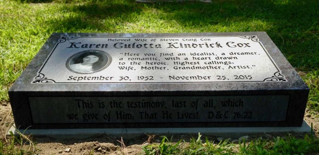 Bahama Blue granite headstone with scroll corners portrait, Cox family, Oak Park Cemetery