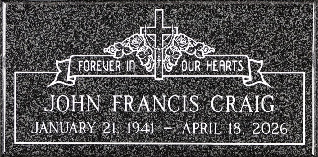 Oxford Gray granite memorial with cross with roses and banner, Craig family, Queen of Heaven Catholic Cemetery