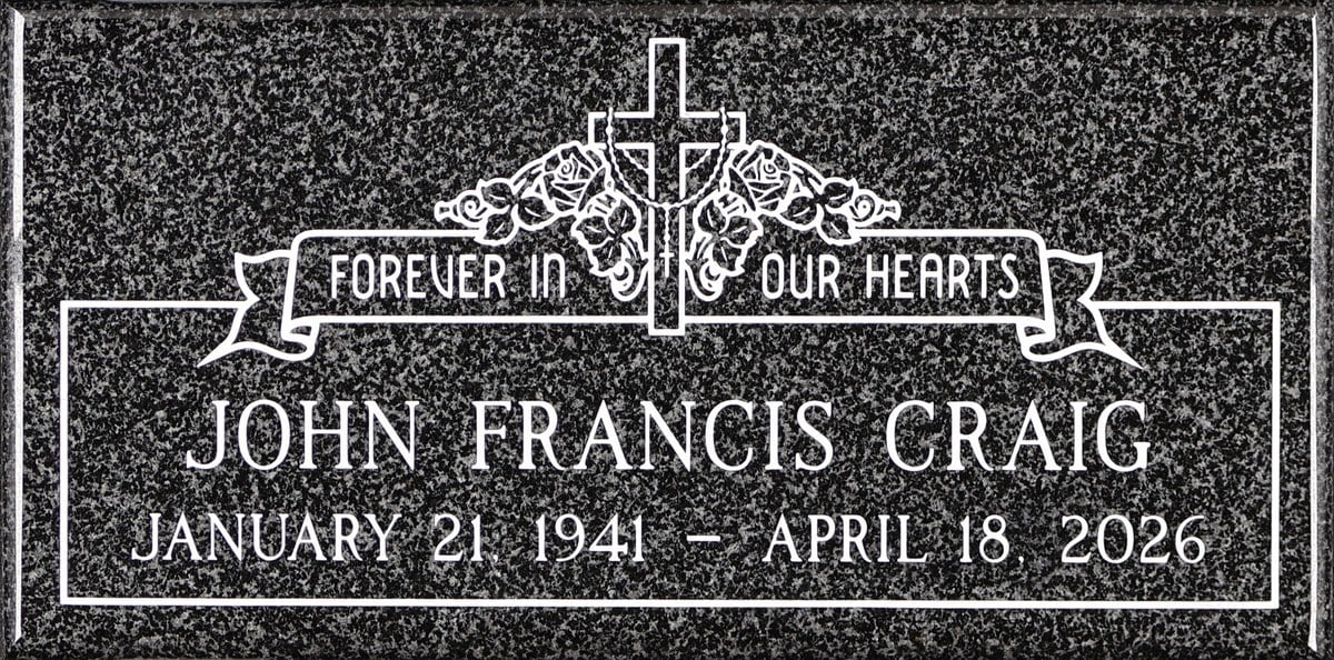 Oxford Gray granite memorial with cross with roses and banner, Craig family, Queen of Heaven Catholic Cemetery