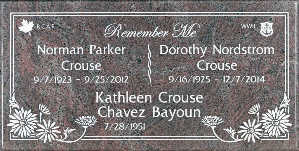 Paradiso granite gravestone with emblems and daisies, Crouse family, Oakdale Memorial Park