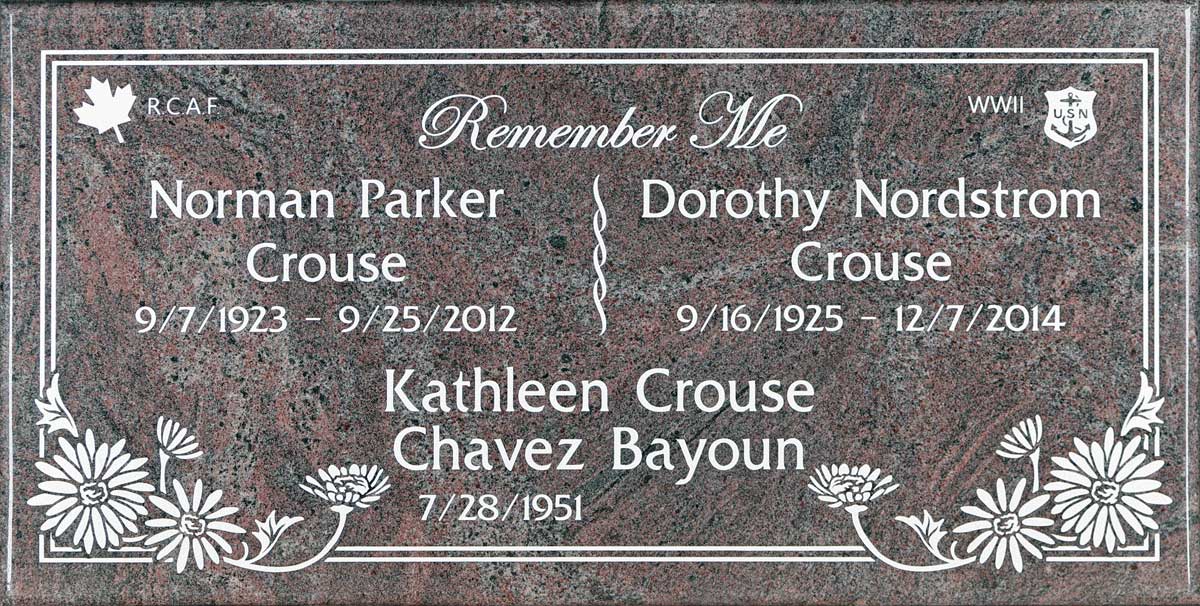 Paradiso granite gravestone with emblems and daisies, Crouse family, Oakdale Memorial Park