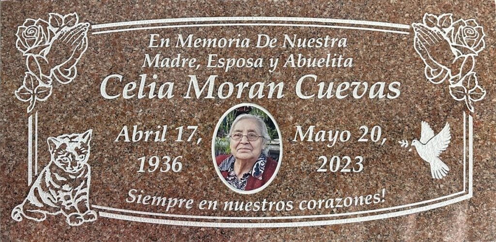 Morning Rose granite memorial marker with praying hands with cat and dove, Cuevas family, Anaheim Cemetery