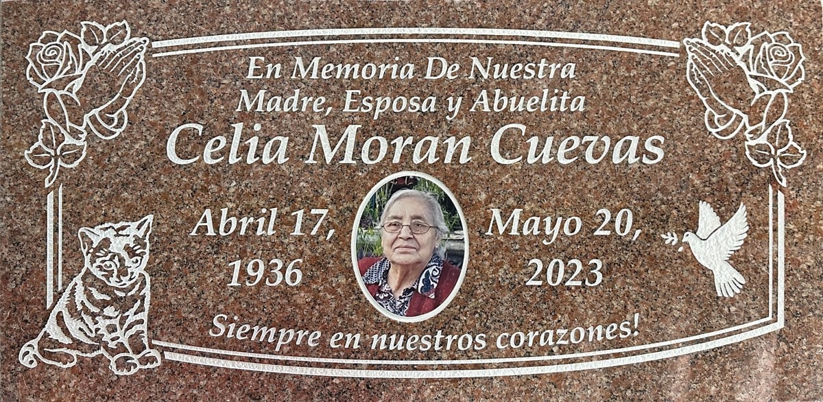 Morning Rose granite memorial marker with praying hands with cat and dove, Cuevas family, Anaheim Cemetery