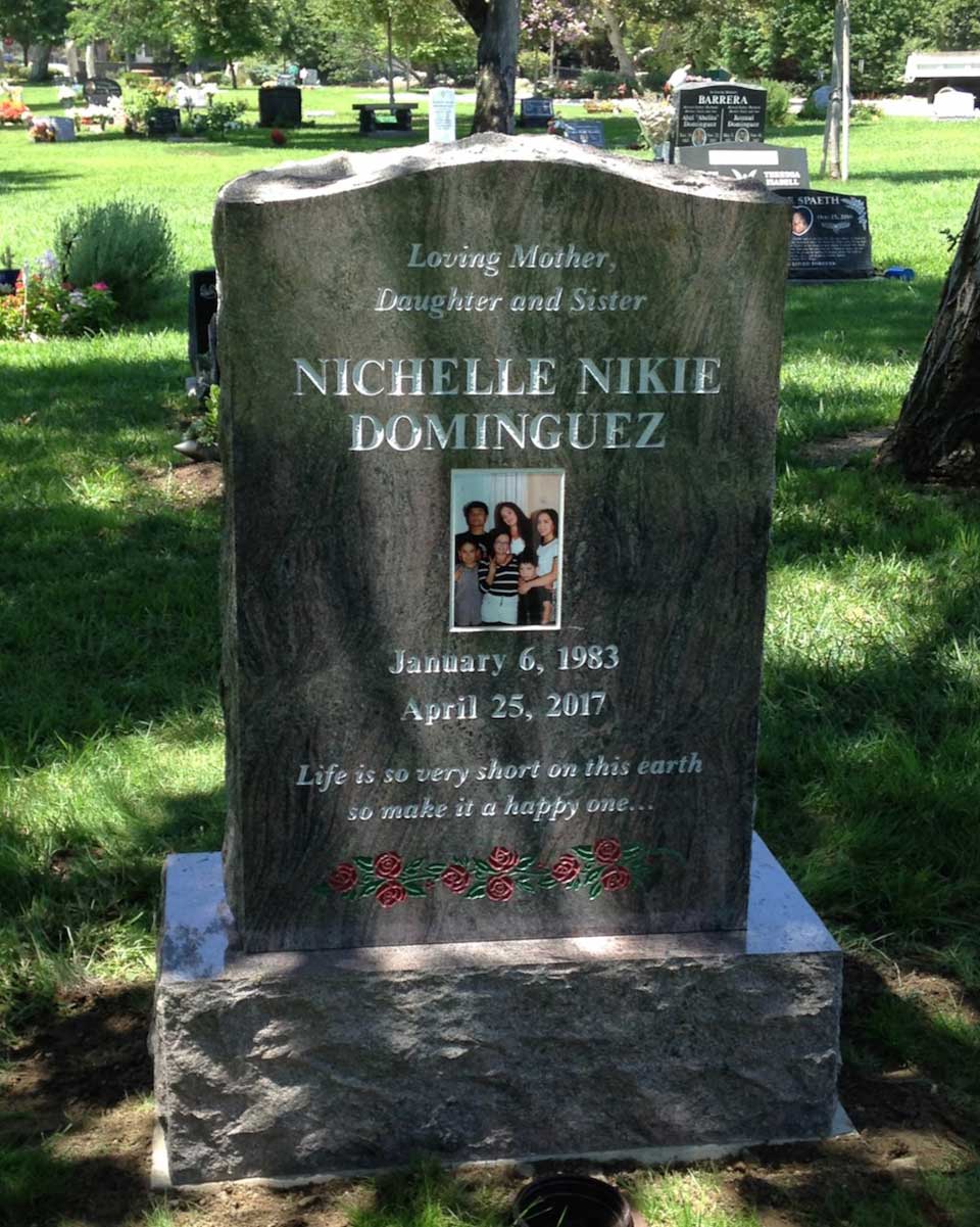 Paradiso granite upright monument with family portrait and roses, Dominguez family, Oak Park Cemetery
