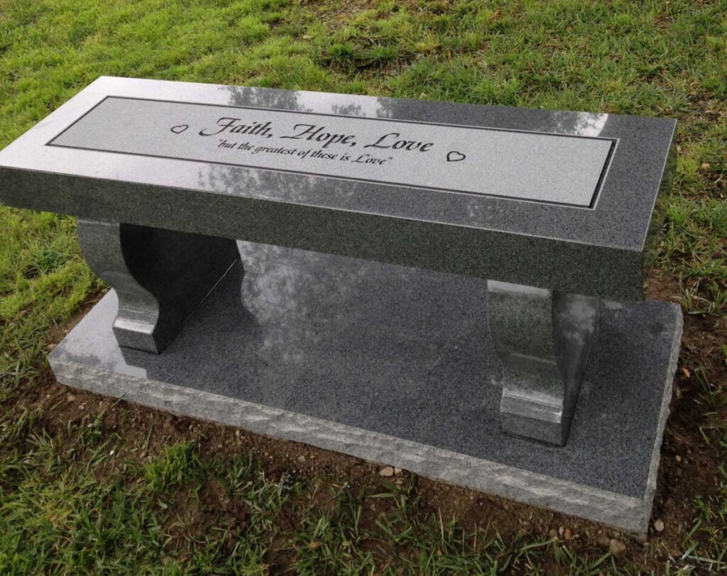 Southern White granite granite bench with faith hope love, Oak Park Cemetery