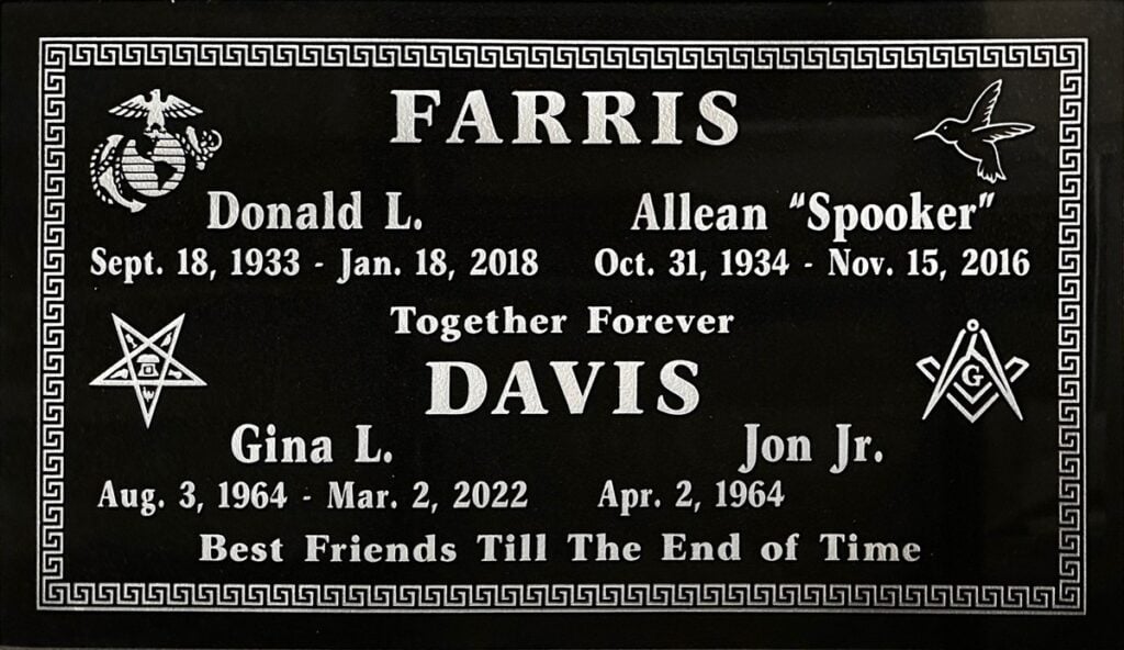 Black granite companion headstone with military and masonic emblems, Farris family, Santa Ana Cemetery
