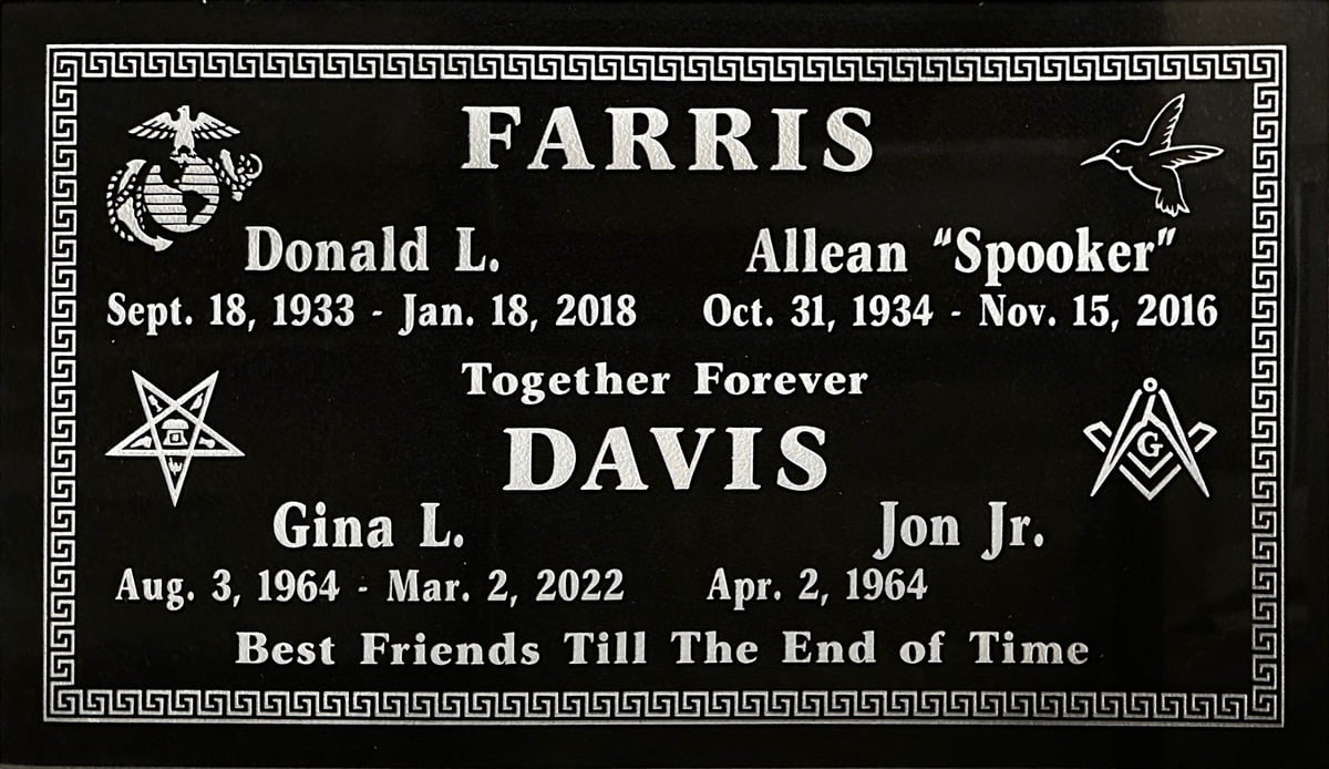 Black granite companion headstone with military and masonic emblems, Farris family, Santa Ana Cemetery