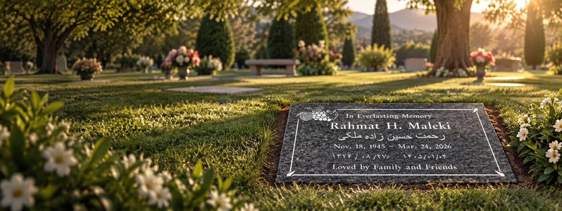 Gray granite flat headstone engraved in English and Farsi with Persian calendar dates and a pomegranate and grape carving, set in a lawn cemetery at sunset