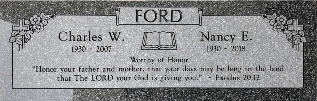 Oxford Gray granite companion gravestone with double wide, Ford family, Rose Hills Memorial Park
