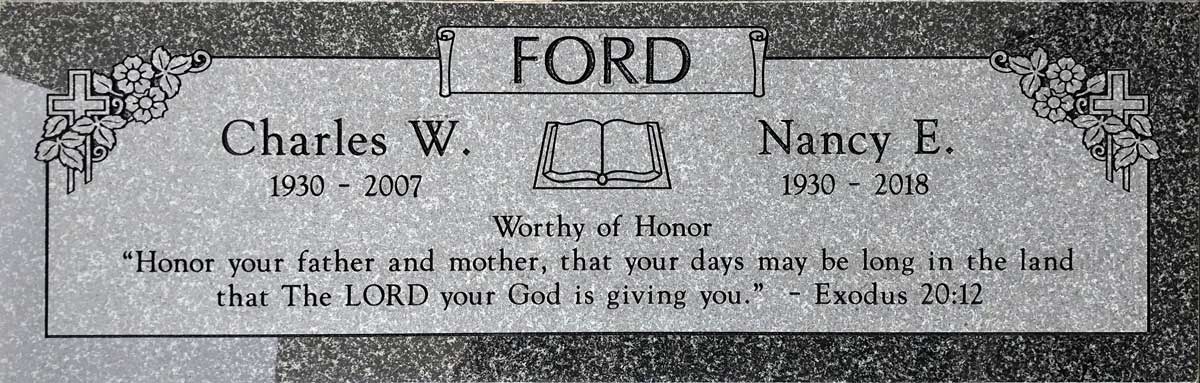Oxford Gray granite companion gravestone with double wide, Ford family, Rose Hills Memorial Park