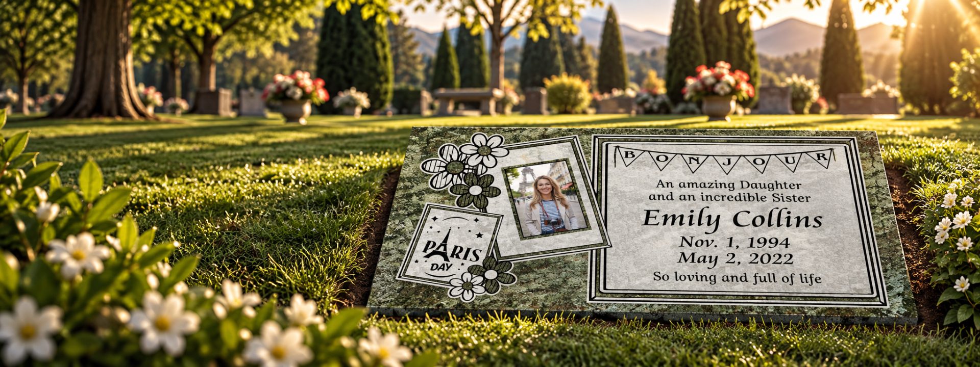 Tropical green granite flat headstone with a porcelain portrait, Paris and Eiffel Tower artwork, flowers and a Bonjour banner, set in a lawn cemetery at sunset