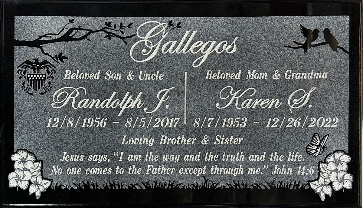 Black granite companion memorial with navy emblem and lovebirds, Gallegos family, Bellevue Memorial Park