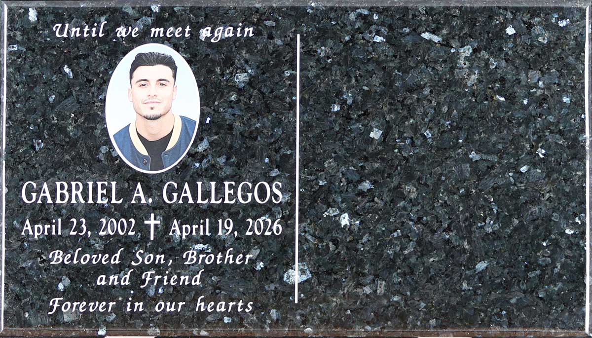 Blue Pearl granite headstone with portrait, Gallegos family, Holy Cross Cemetery