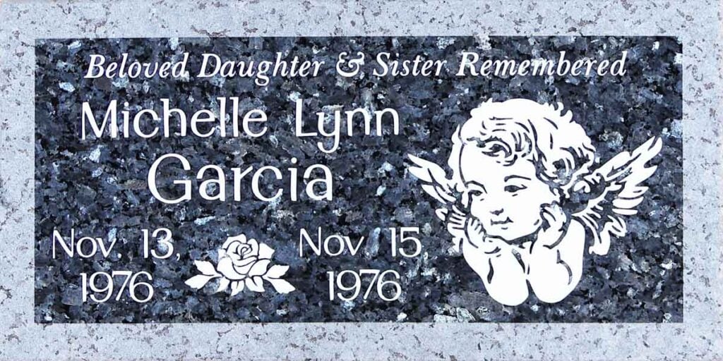 Blue Pearl granite grave stone with cherub and rose, Garcia family, Pomona Valley Memorial Park