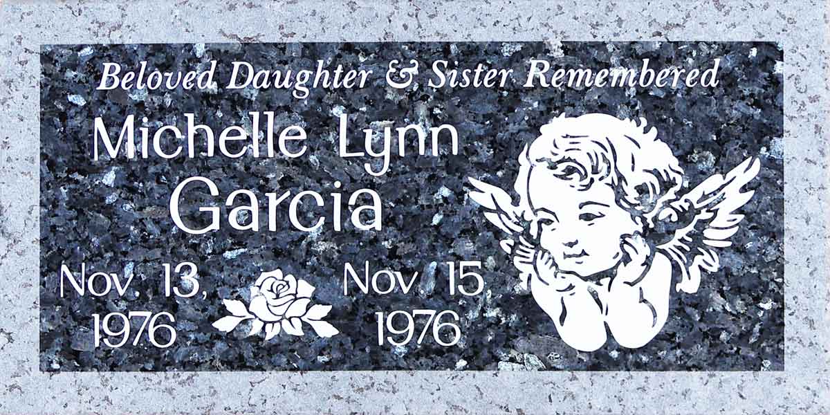 Blue Pearl granite grave stone with cherub and rose, Garcia family, Pomona Valley Memorial Park