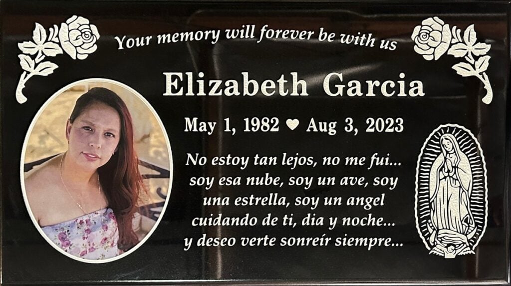 Black granite memorial marker with guadalupe and roses, Garcia family, Desert View Memorial Park