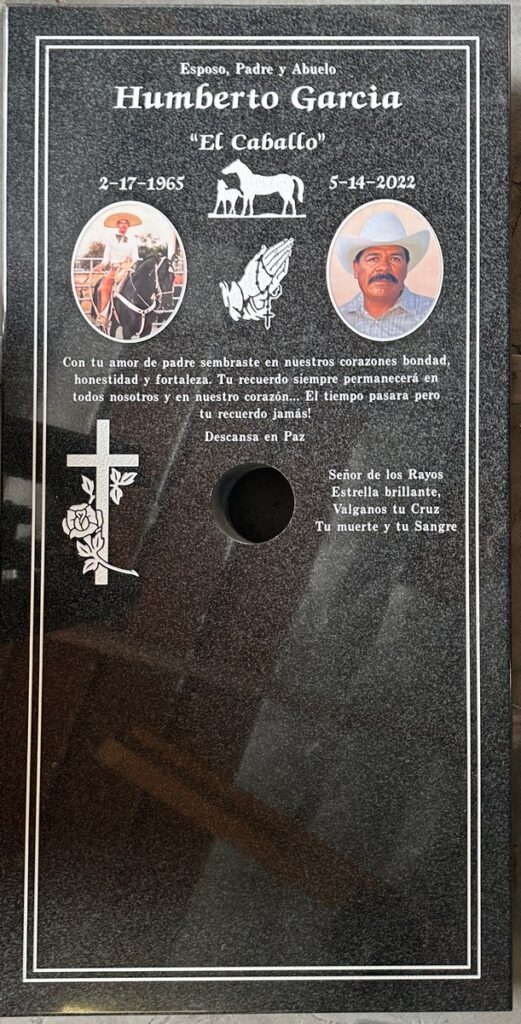 Oxford Gray granite grave marker with horses and portraits, Garcia family, Desert View Memorial Park