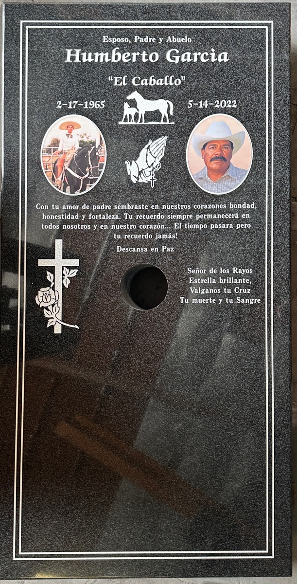 Oxford Gray granite grave marker with horses and portraits, Garcia family, Desert View Memorial Park