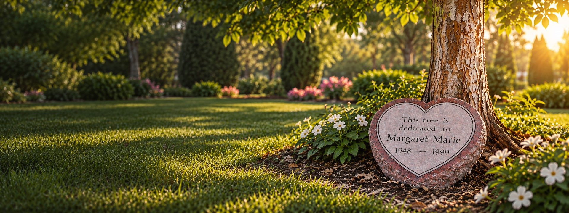 Heart-shaped pink granite garden stone engraved "This tree is dedicated to Margaret Marie" resting at the base of a tree among white flowers at sunset