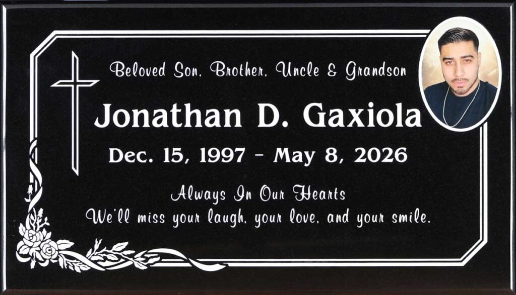 Black granite memorial with cross and roses, Gaxiola family, Oakdale Memorial Park