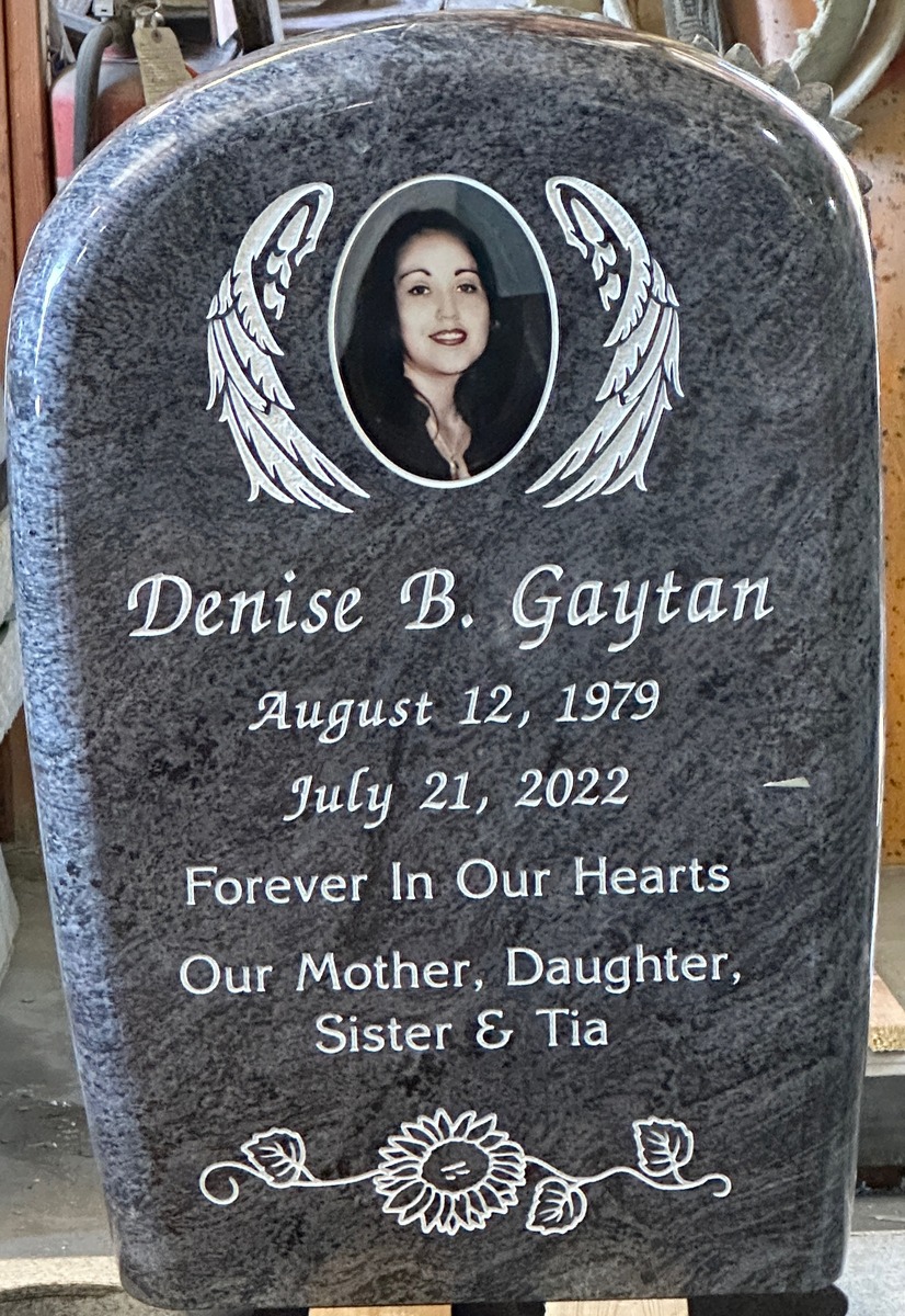 Bahama Blue granite upright monument with angel wings portrait, Gaytan family, Bellevue Memorial Park