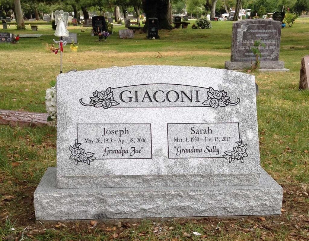 Southern White granite companion slant memorial with roses and banner, Giaconi family, Oak Park Cemetery