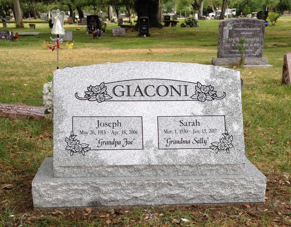 Southern White granite companion slant memorial with roses and banner, Giaconi family, Oak Park Cemetery