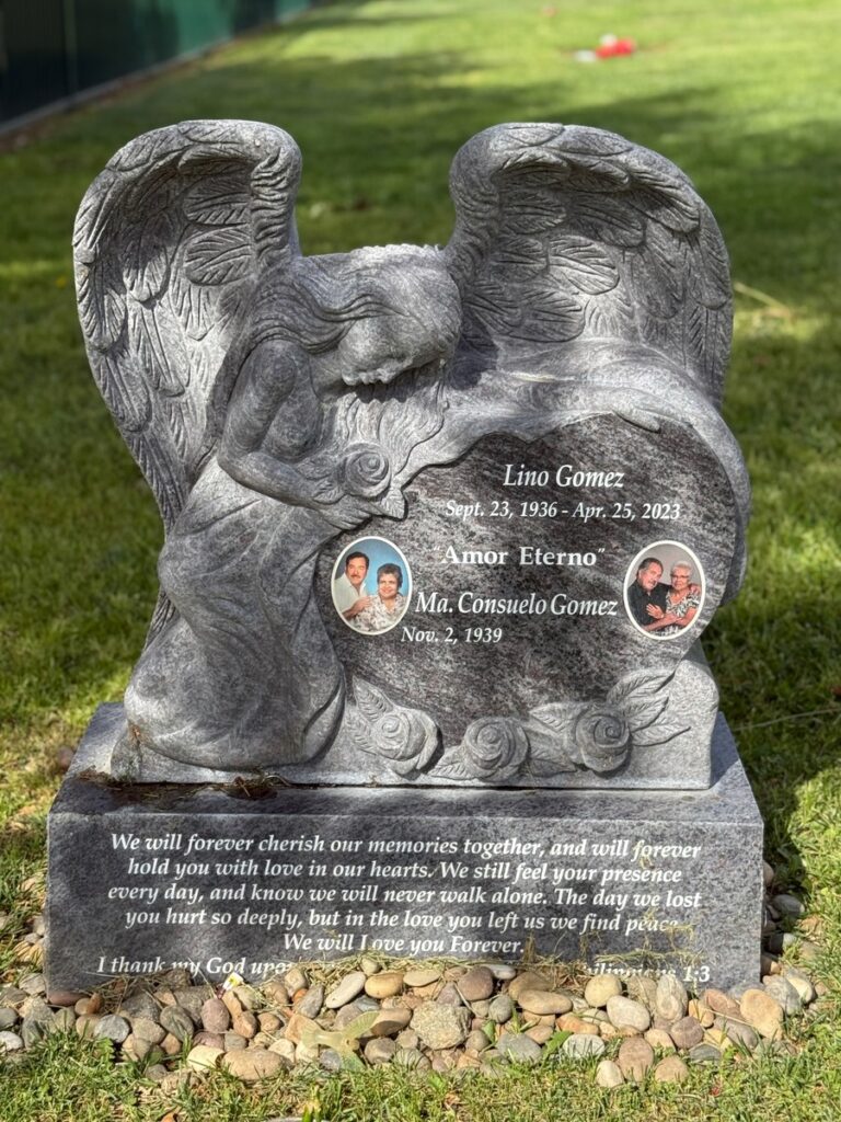 Bahama Blue granite companion upright monument with kneeling angel heart, Gomez family, Bellevue Memorial Park