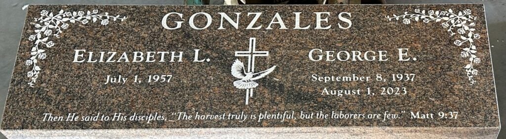 Red Multicolor granite companion memorial stone with dove and cross, Gonzales family, Rose Hills Memorial Park