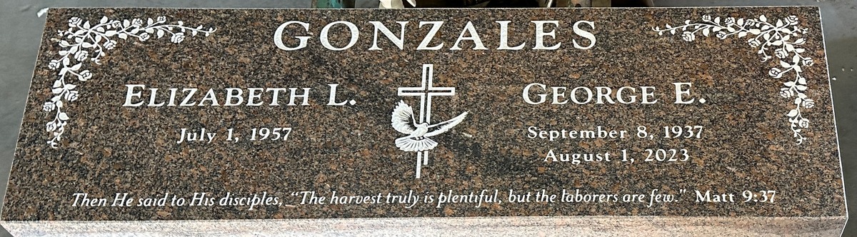 Red Multicolor granite companion memorial stone with dove and cross, Gonzales family, Rose Hills Memorial Park
