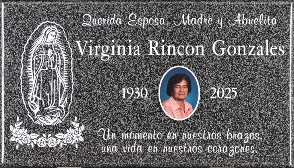 Oxford Gray granite grave memorial with virgin of guadalupe portrait, Gonzales family, Rose Hills Memorial Park