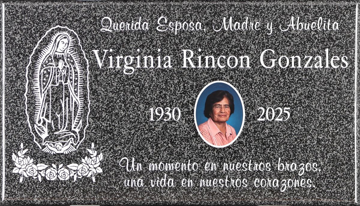Oxford Gray granite grave memorial with virgin of guadalupe portrait, Gonzales family, Rose Hills Memorial Park