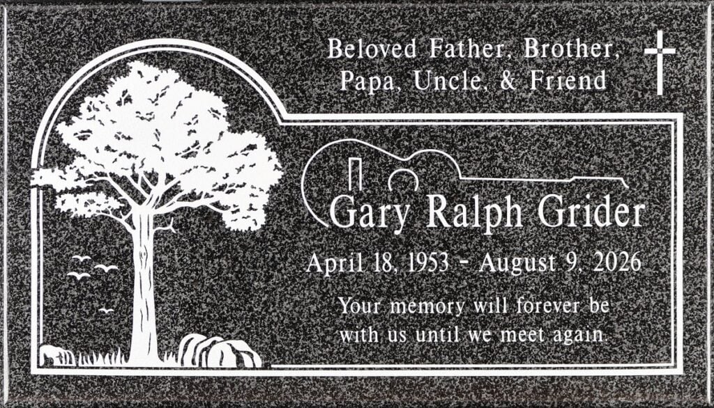 Oxford Gray granite headstone with tree and guitar, Grider family, Rose Hills Memorial Park