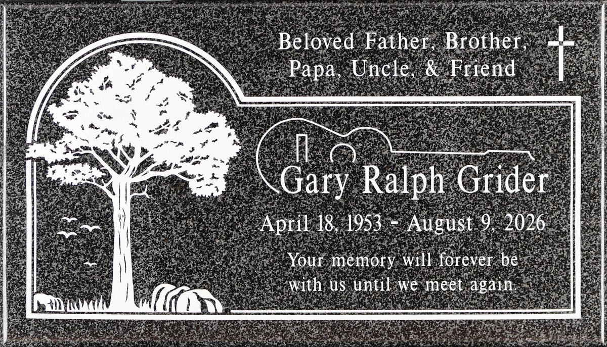 Oxford Gray granite headstone with tree and guitar, Grider family, Rose Hills Memorial Park