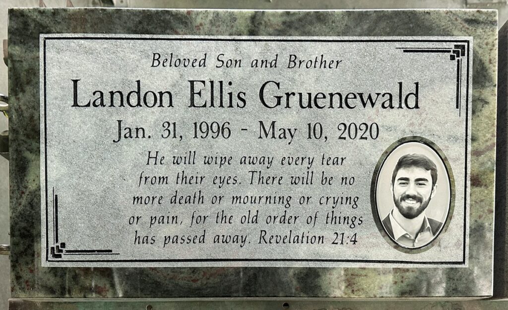 Tropical Green granite grave memorial with portrait and scripture, Gruenewald family, Desert View Memorial Park