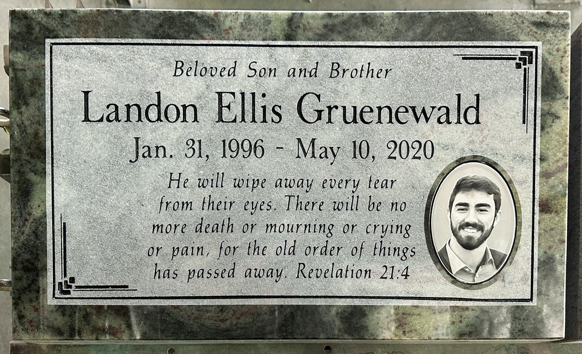 Tropical Green granite grave memorial with portrait and scripture, Gruenewald family, Desert View Memorial Park