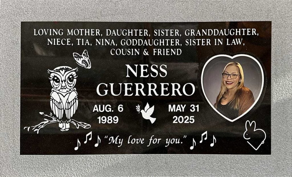 Black granite headstone with owl and heart portrait, Guerrero family, Pomona Valley Memorial Park