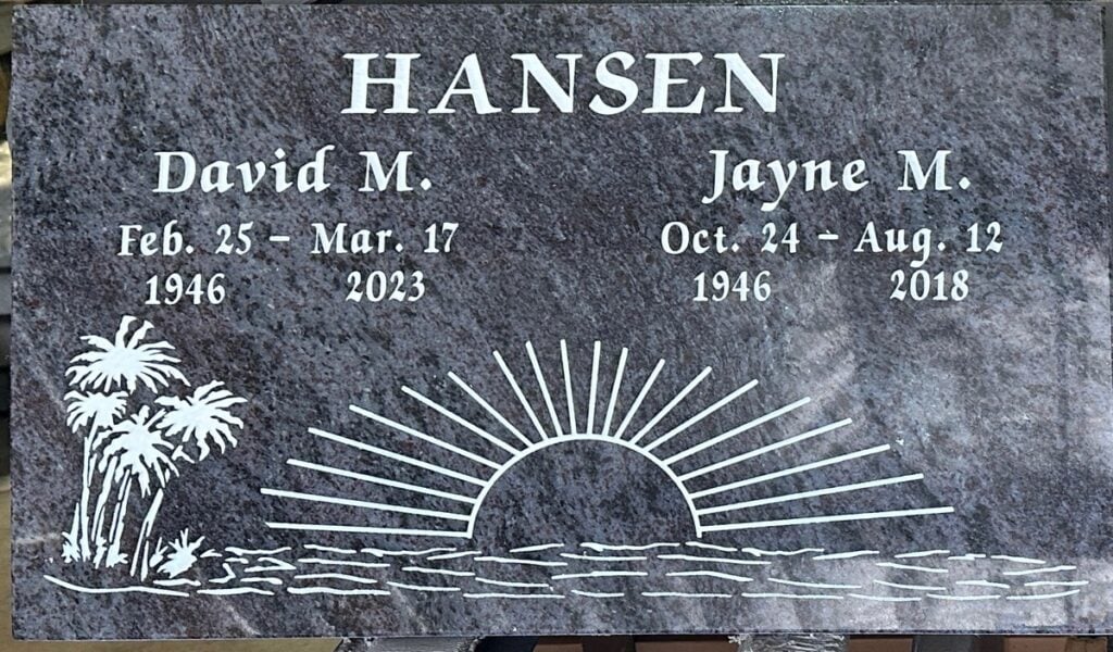 Bahama Blue granite companion gravestone with sunrise and palms, Hansen family, Loma Vista Memorial Park