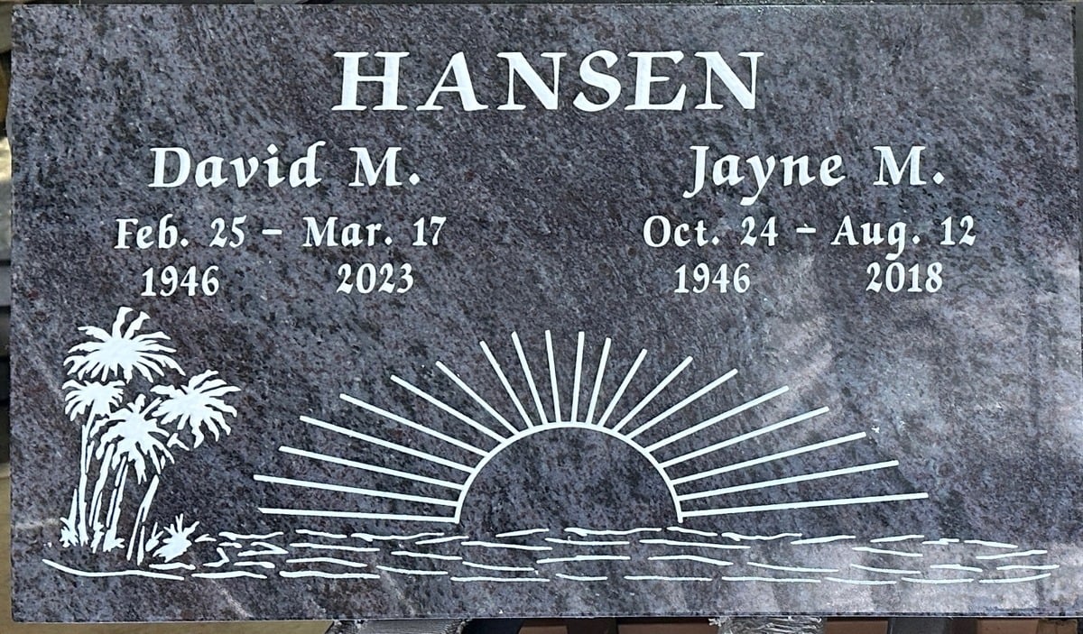 Bahama Blue granite companion gravestone with sunrise and palms, Hansen family, Loma Vista Memorial Park