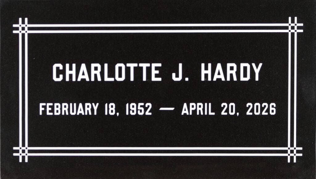 Black granite memorial stone with woven line border, Hardy family, Montecito Memorial Park
